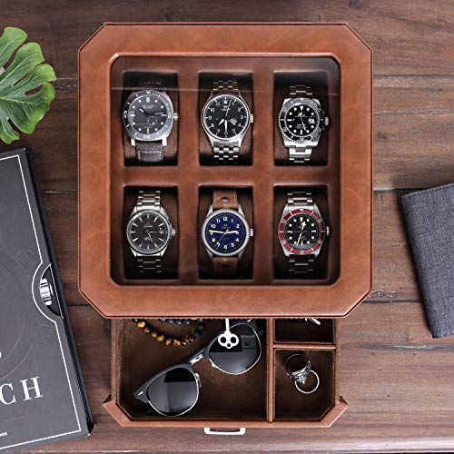 ROTHWELL Gift Set 6 Slot Leather Watch Box with Valet Drawer - Luxury Watch Case Display Organizer, Microsuede Liner, Locking Jewelry Box, Mens Storage Boxes Holder Large Glass Top (Tan/Brown Gift Set) - Image 4