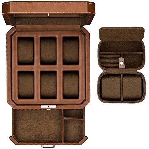 ROTHWELL Gift Set 6 Slot Leather Watch Box with Valet Drawer - Luxury Watch Case Display Organizer, Microsuede Liner, Locking Jewelry Box, Mens Storage Boxes Holder Large Glass Top (Tan/Brown Gift Set) - Image 1