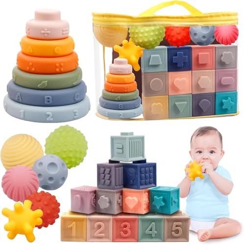 Plunack Montessori Toys for Babies 612 Months Soft Baby Blocks Toys Set 3 in 1 Infant Stacking Building Blocks Teething Toys Sensory Balls Educational Learning Toys for Toddlers 36911 Months Boys Girls - Image 1