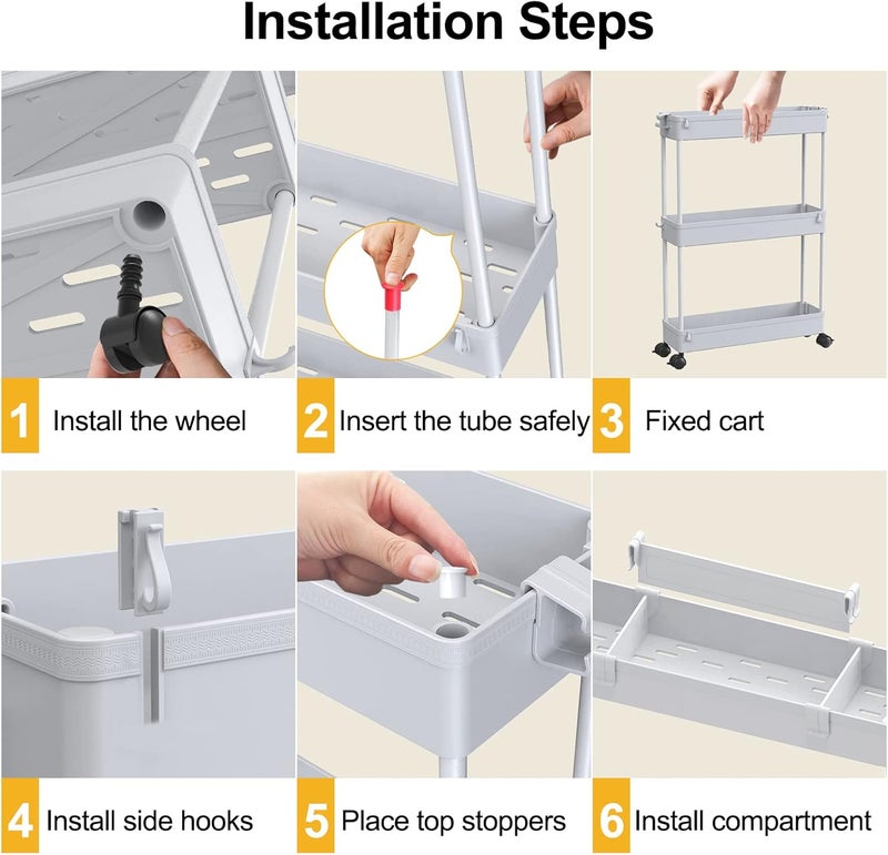 SPACELEAD Slim Storage Cart 3 Tier,Bathroom Organizer Rolling Utility,Mobile Shelving Unit Slide Out for Office, Kitchen, Laundry Room & Narrow Places,Gray - Image 5