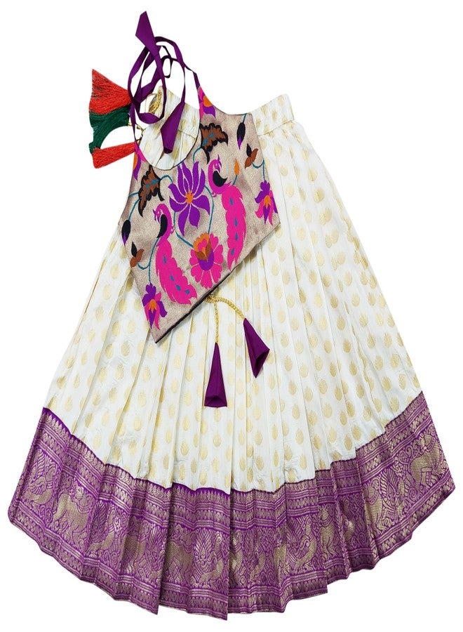 COMRATE Silk Baby Girls Ringani Pattu Pavadai Readymade Lehenga Set Dress For Kids 6-12 Months, White - Image 1