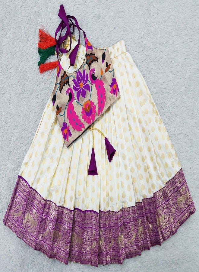 COMRATE Silk Baby Girls Ringani Pattu Pavadai Readymade Lehenga Set Dress For Kids 6-12 Months, White - Image 3