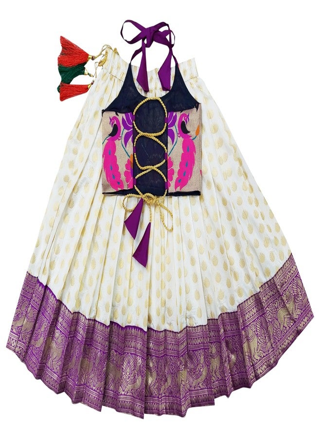 COMRATE Silk Baby Girls Ringani Pattu Pavadai Readymade Lehenga Set Dress For Kids 6-12 Months, White - Image 2