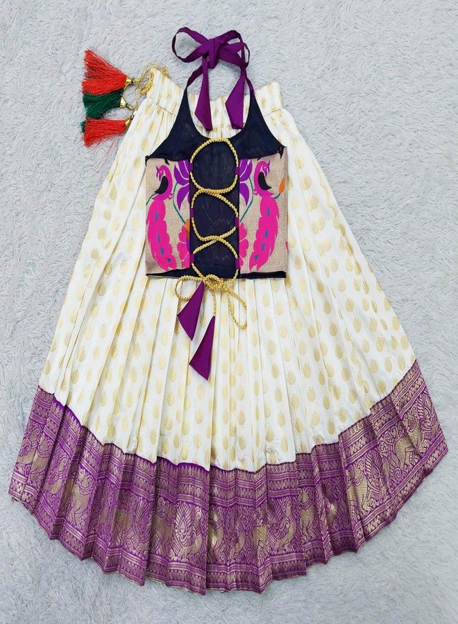 COMRATE Silk Baby Girls Ringani Pattu Pavadai Readymade Lehenga Set Dress For Kids 6-12 Months, White - Image 4