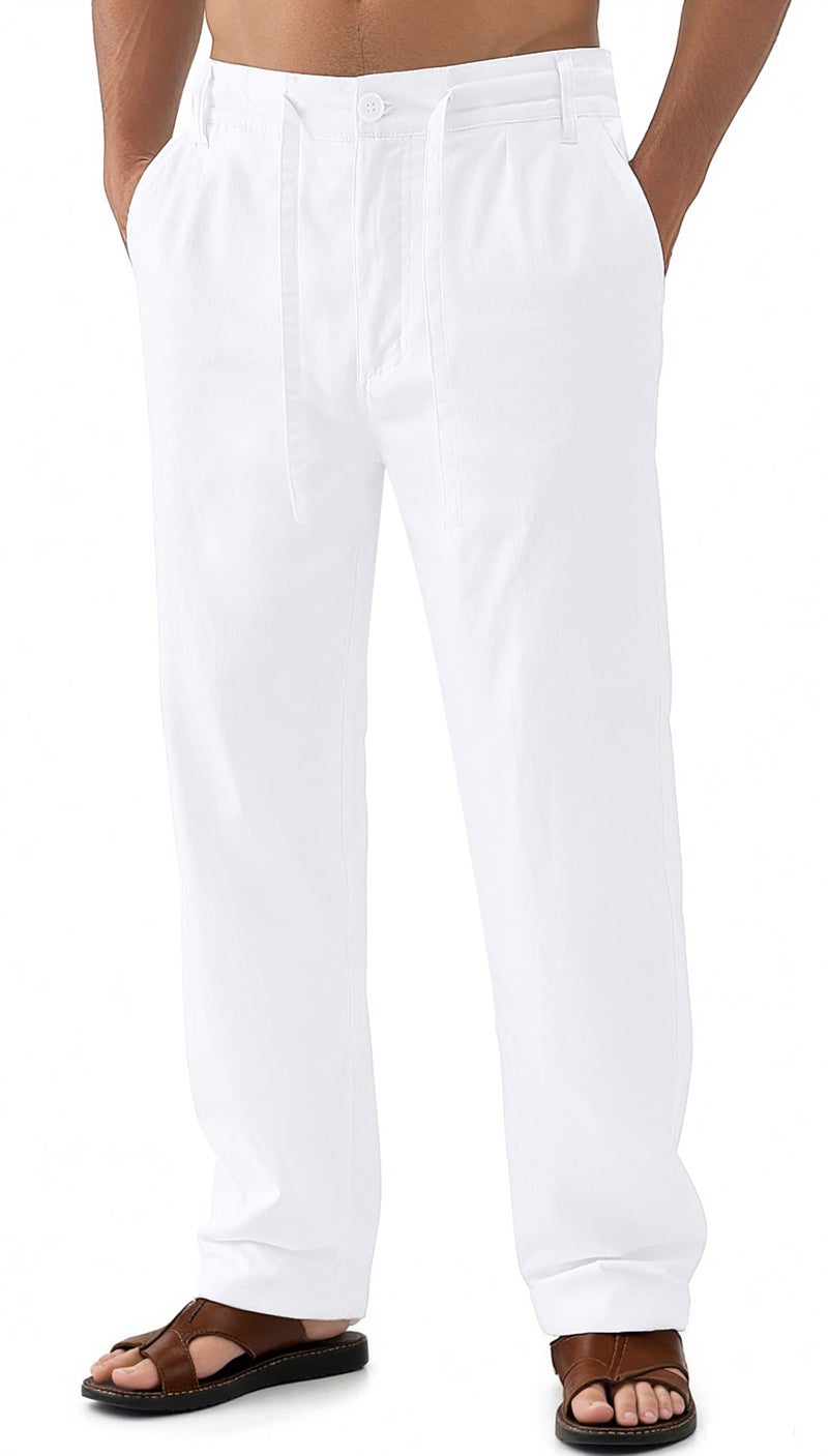 Janmid Men Casual Beach Trousers Linen Summer Pants White 2XL - Image 1