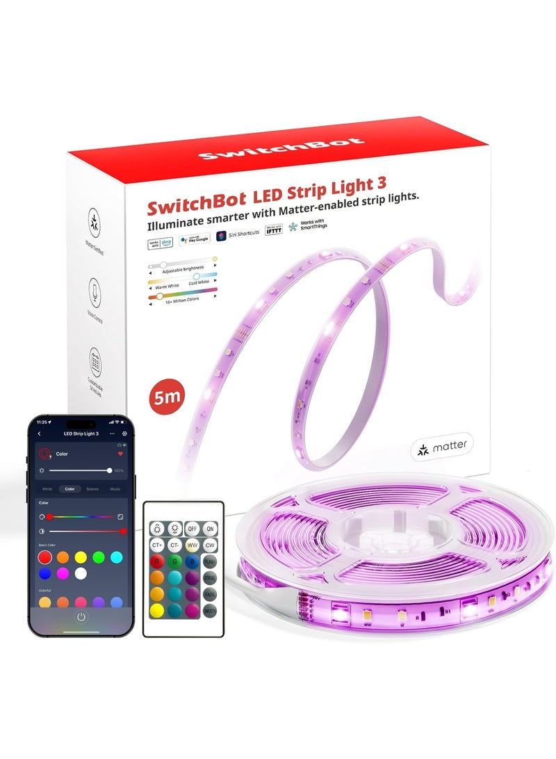 SwitchBot LED Strip Light 3 Smart RGBIC LED Strip Light 5M with Matter Support, App Control, Voice Control, Remote Control, 16+ Million Colors, Adjustable Brightness, Customizable Schedules - Image 1