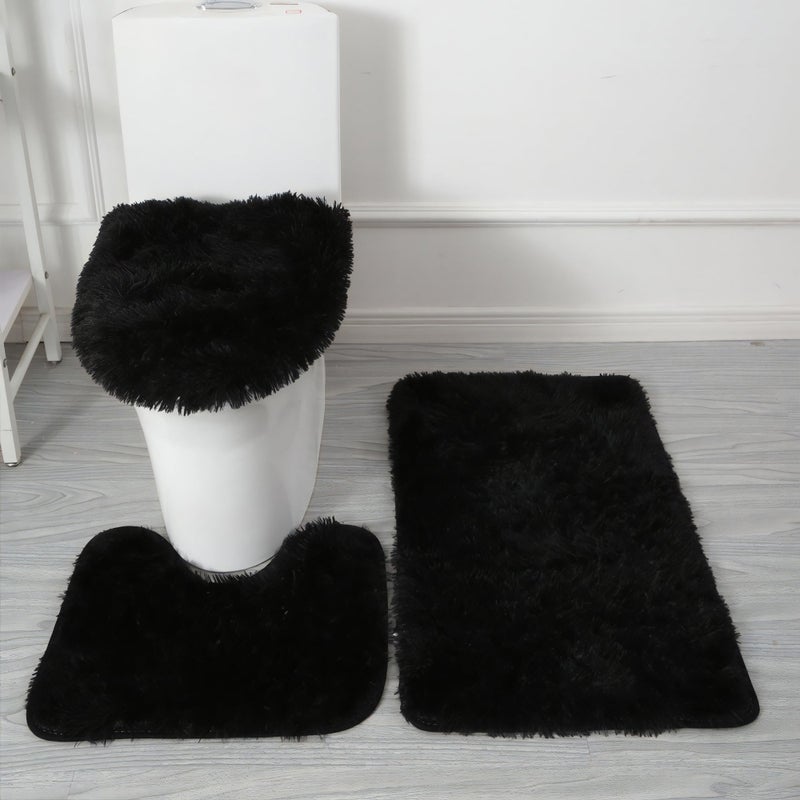 Eanpet Black Bathroom Rugs Sets 3Piece Bath Mat Solid Bath Rug Floor Mats Washable Shower Rug with U-Shaped Contour Rug Toilet Lid Cover - Image 1