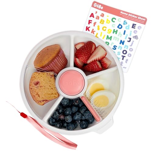 GoBe Kids Large Snack Spinner Slide Bundle with Hand Strap and Sticker Sheet - Reusable Snack Container with 4 Compartment Dispenser and Lid | BPA/PVC Free | Dishwasher Safe | No Spill - Coral Pink - Image 2