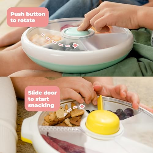 GoBe Kids Large Snack Spinner Slide Bundle with Hand Strap and Sticker Sheet - Reusable Snack Container with 4 Compartment Dispenser and Lid | BPA/PVC Free | Dishwasher Safe | No Spill - Coral Pink - Image 4