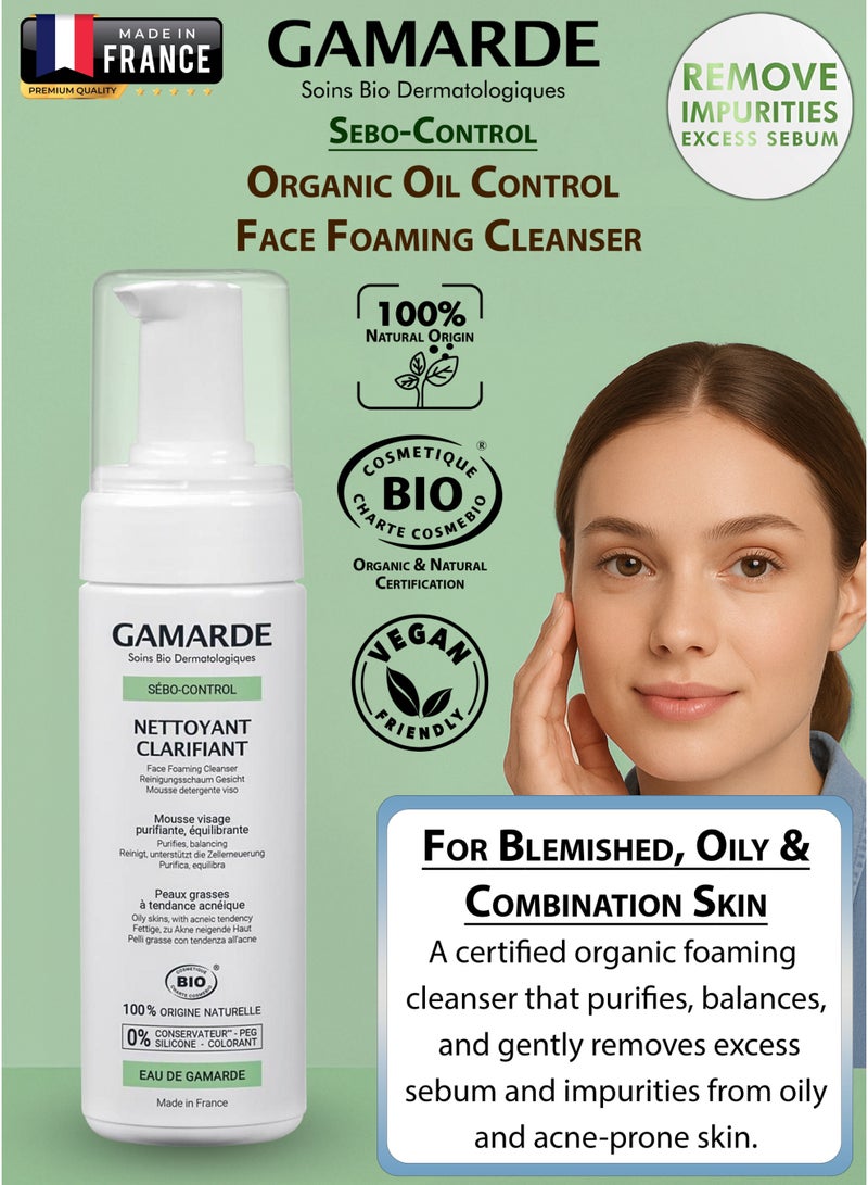 gamarde Organic Sebo-Control Clarifying Foaming Cleanser 160ml Vegan Certified Organic Face Wash for Oily & Acne-Prone Skin – Gently Eliminates Sebum & Impurities Purifies, Balances & Hydrates With Tea Tree, Lemon & Gamarde Thermal Water - Image 1