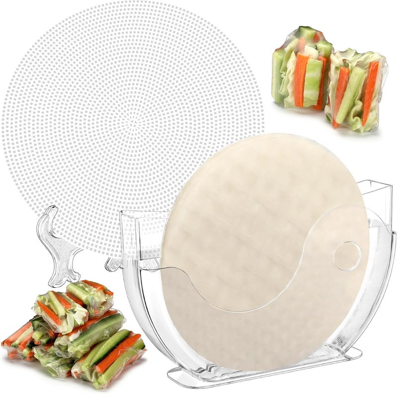 SiliFine Rice Paper Water Bowl with Side Pocket Holder 6 Pcs Rice Paper Wrapper Tray Collapsible Stand Spring Roll Maker Plastic Mesh Trays for Summer Rolls Tools - Image 1