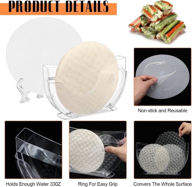 SiliFine Rice Paper Water Bowl with Side Pocket Holder 6 Pcs Rice Paper Wrapper Tray Collapsible Stand Spring Roll Maker Plastic Mesh Trays for Summer Rolls Tools - Image 3