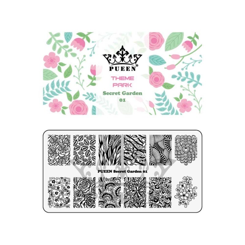 PUEEN Nail Art Stamping Plate Secret Garden 01 Theme Park Collection 125x65mm Unique Nailart Polish Stamping Manicure Image Plates Accessories Kit BH000712