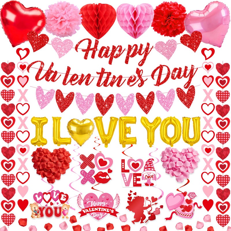 Bolake Valentines Day Decorations for Party Set Happy Valentines Day Banner Heart Valentine Garland Banner Red Pink Heart Honeycombs 1000Pcs Plastic Petals Hanging Swirls Valentines Day Balloons - Image 1