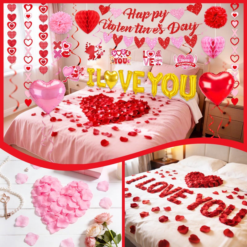 Bolake Valentines Day Decorations for Party Set Happy Valentines Day Banner Heart Valentine Garland Banner Red Pink Heart Honeycombs 1000Pcs Plastic Petals Hanging Swirls Valentines Day Balloons - Image 5
