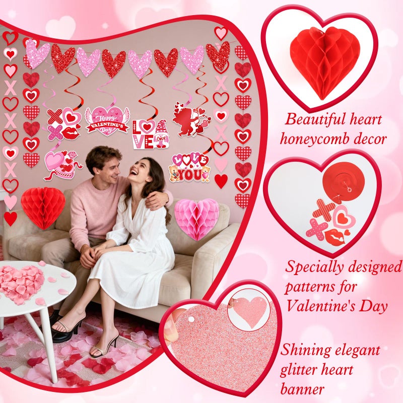 Bolake Valentines Day Decorations for Party Set Happy Valentines Day Banner Heart Valentine Garland Banner Red Pink Heart Honeycombs 1000Pcs Plastic Petals Hanging Swirls Valentines Day Balloons - Image 4