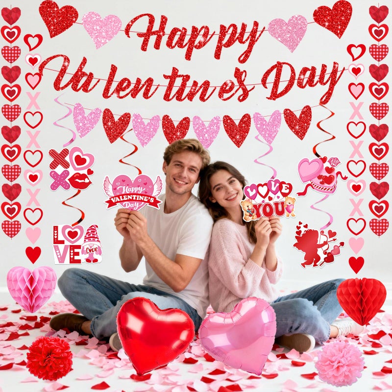 Bolake Valentines Day Decorations for Party Set Happy Valentines Day Banner Heart Valentine Garland Banner Red Pink Heart Honeycombs 1000Pcs Plastic Petals Hanging Swirls Valentines Day Balloons - Image 3