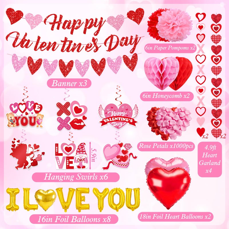 Bolake Valentines Day Decorations for Party Set Happy Valentines Day Banner Heart Valentine Garland Banner Red Pink Heart Honeycombs 1000Pcs Plastic Petals Hanging Swirls Valentines Day Balloons - Image 2
