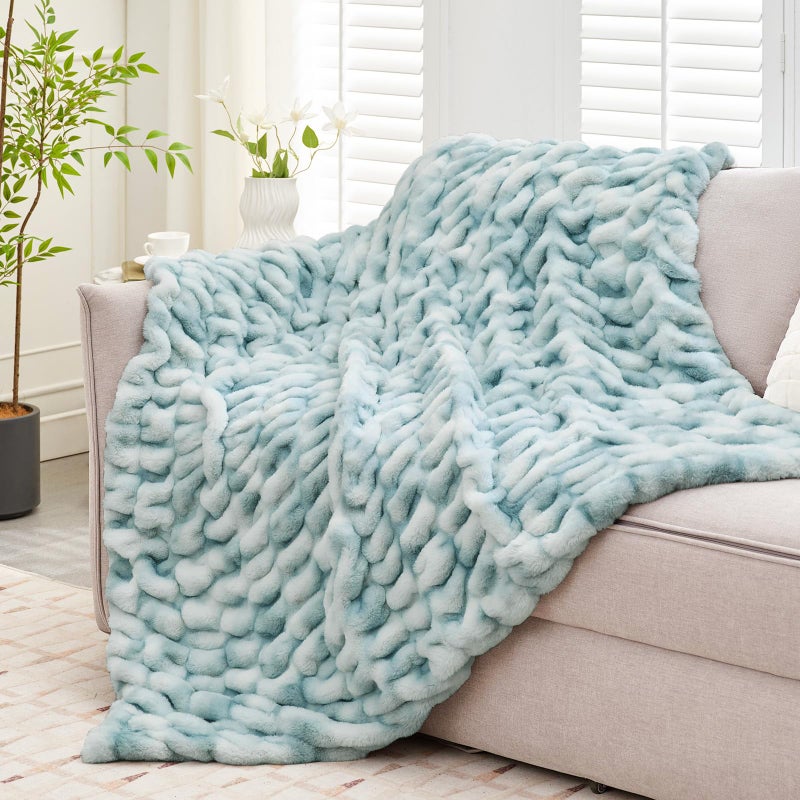 VFROO Ultra Soft Luxury Faux Fur Throw Blanket for Counch Fuzzy Fluffy Plush Warm Cozy Elegant Wrinkled Blanket for Sofa Bedroom Living Room (50""x60"" Tie-dye Freshwater Blue) - Image 5