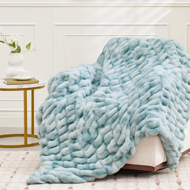 VFROO Ultra Soft Luxury Faux Fur Throw Blanket for Counch Fuzzy Fluffy Plush Warm Cozy Elegant Wrinkled Blanket for Sofa Bedroom Living Room (50""x60"" Tie-dye Freshwater Blue) - Image 1