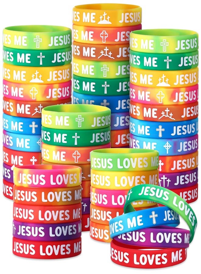 PullCrease 100 Pcs Jesus Loves Me Wristbands Bulk 10 Styles Rainbow Religious Silicone Bracelets Vbs Party Favors Gifts Christian Cross Silicone Wristbands Gift for Sunday School Church Group - Image 1