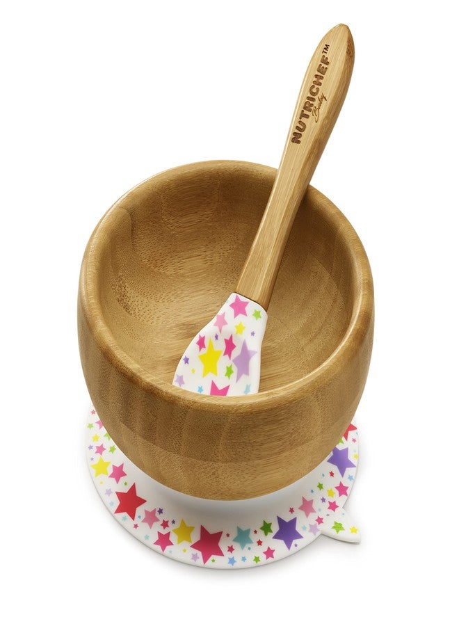 NutriChef Bamboo Baby Feeding Bowl - Wooden Infant Toddler Dish and Spoon Set w/Silicone Suction Base for Stay Put Eating, For Children Aged 4-72 Months (Star Bowl) - Image 1