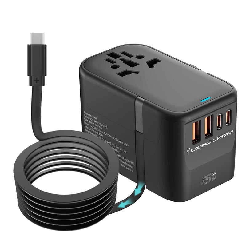 MANGO 65W GaN Universal Travel Adapter with Retractable TypeC Cable  5Port International Power Adapter 2 USBA  3 USBC 2500W Worldwide Charger for EUUKUSAU Certified Safe for Laptops