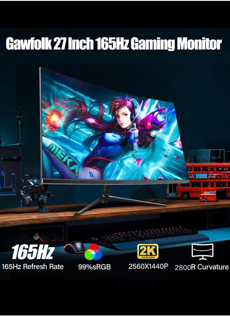 بيسري - شاشة ألعاب منحنية 27 بوصة، شاشة كمبيوتر QHD 2560 x 1440 165 هرتز، شاشة عرض HDR عريضة 16:9، FreeSync، استجابة 1 مللي ثانية، 2* HDMI ومنفذ DisplayPort، قابل للتعديل للإمالة - Image 1