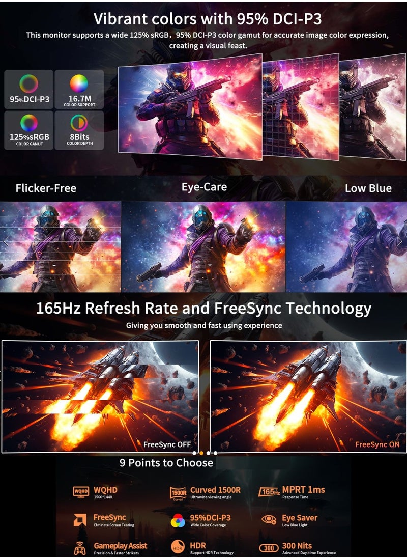 بيسري - شاشة ألعاب منحنية 27 بوصة، شاشة كمبيوتر QHD 2560 x 1440 165 هرتز، شاشة عرض HDR عريضة 16:9، FreeSync، استجابة 1 مللي ثانية، 2* HDMI ومنفذ DisplayPort، قابل للتعديل للإمالة - Image 1