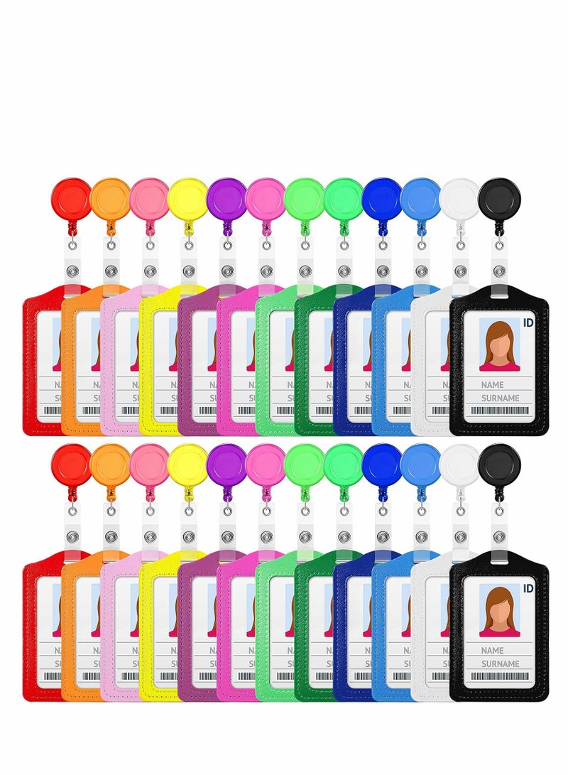 Excefore Retractable Badge Reels Multi-Color Name Holder 24 Sets PU Leather Business ID Decorative Card with Clip for Students, Teachers, Nurses, Doctors (Vertical) - Image 1