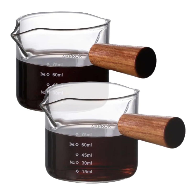 Casavibe 2 Pack Espresso Shot Glass With Wooden Handle, Accessories with Double Spouts Espresso Machine Accessories Coffee Bar Essentials Precise 75 Ml Coffee Measuring Cup - Image 1
