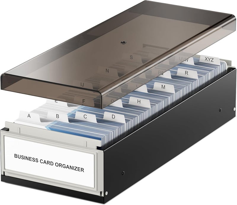 MaxGear Business Card Holder for Desk, Large Plastic Business Card Organizer Box, Credit Cards Holder File Box Storage, Capacity: 800 Cards (3.5” x 2.2”), A-Z Tabs, Metal Structure, Black - Image 1