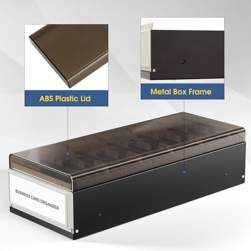 MaxGear Business Card Holder for Desk, Large Plastic Business Card Organizer Box, Credit Cards Holder File Box Storage, Capacity: 800 Cards (3.5” x 2.2”), A-Z Tabs, Metal Structure, Black - Image 4