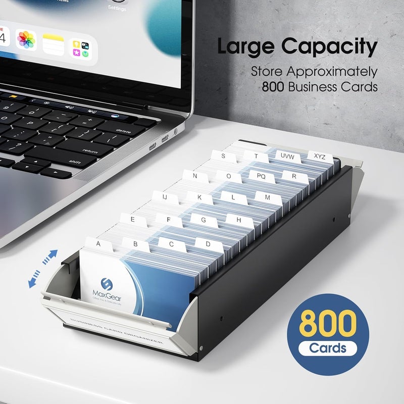 MaxGear Business Card Holder for Desk, Large Plastic Business Card Organizer Box, Credit Cards Holder File Box Storage, Capacity: 800 Cards (3.5” x 2.2”), A-Z Tabs, Metal Structure, Black - Image 2