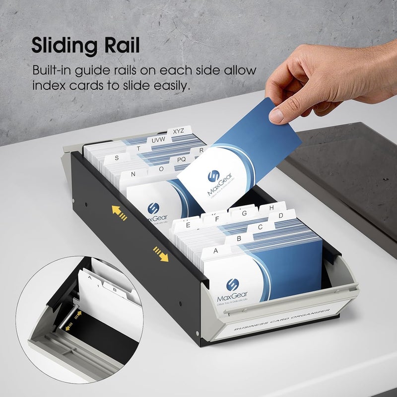 MaxGear Business Card Holder for Desk, Large Plastic Business Card Organizer Box, Credit Cards Holder File Box Storage, Capacity: 800 Cards (3.5” x 2.2”), A-Z Tabs, Metal Structure, Black - Image 3