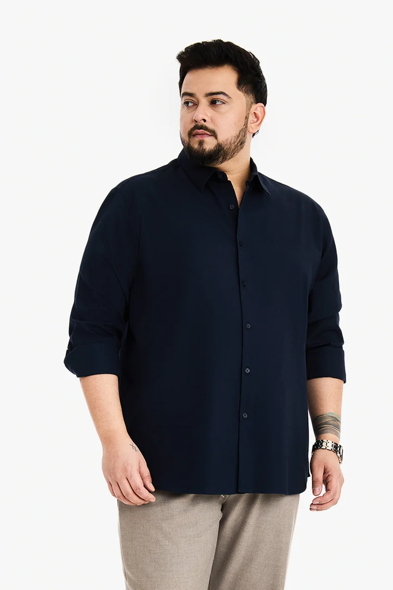 سنيتش Navy Blue Textured Long Sleeve Regular Fit Plus Size Shirt