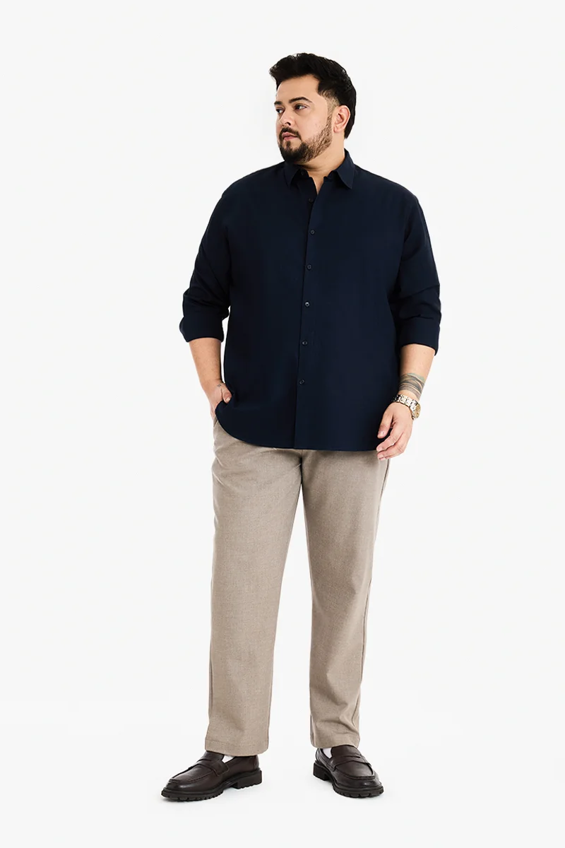سنيتش Navy Blue Textured Long Sleeve Regular Fit Plus Size Shirt