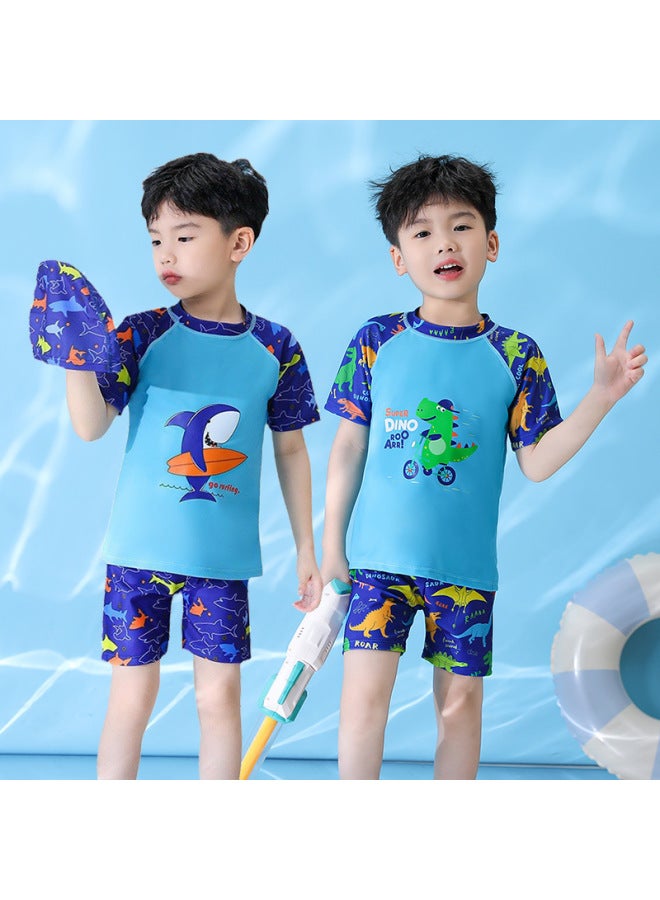 إسكدنيا ملابس سباحة للأطفال للأولاد ملابس سباحة للفتيات المتوسطة والكبيرة للأطفال في الربيع الحار بدلة سباحة قصيرة الأكمام للأطفال كارتون - اللون: قرش ركوب الأمواج (ملابس + سراويل) - - Image 2