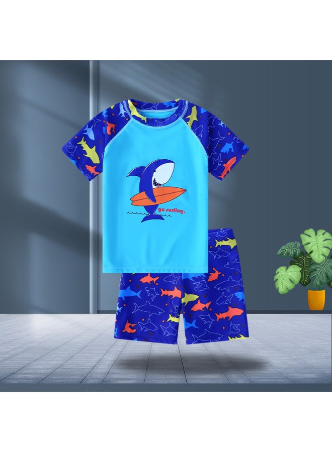 إسكدنيا ملابس سباحة للأطفال للأولاد ملابس سباحة للفتيات المتوسطة والكبيرة للأطفال في الربيع الحار بدلة سباحة قصيرة الأكمام للأطفال كارتون - اللون: قرش ركوب الأمواج (ملابس + سراويل) - - Image 1