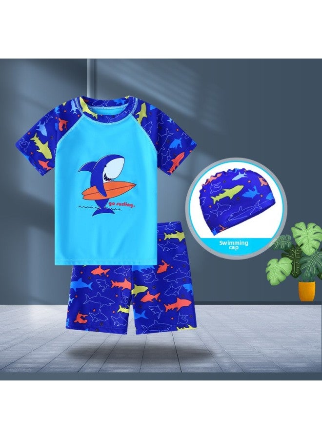 إسكدنيا ملابس سباحة للأطفال للأولاد ملابس سباحة للفتيات المتوسطة والكبيرة للأطفال في الربيع الحار بدلة سباحة قصيرة الأكمام للأطفال كارتون - اللون: قرش ركوب الأمواج (ملابس + سراويل) - - Image 3