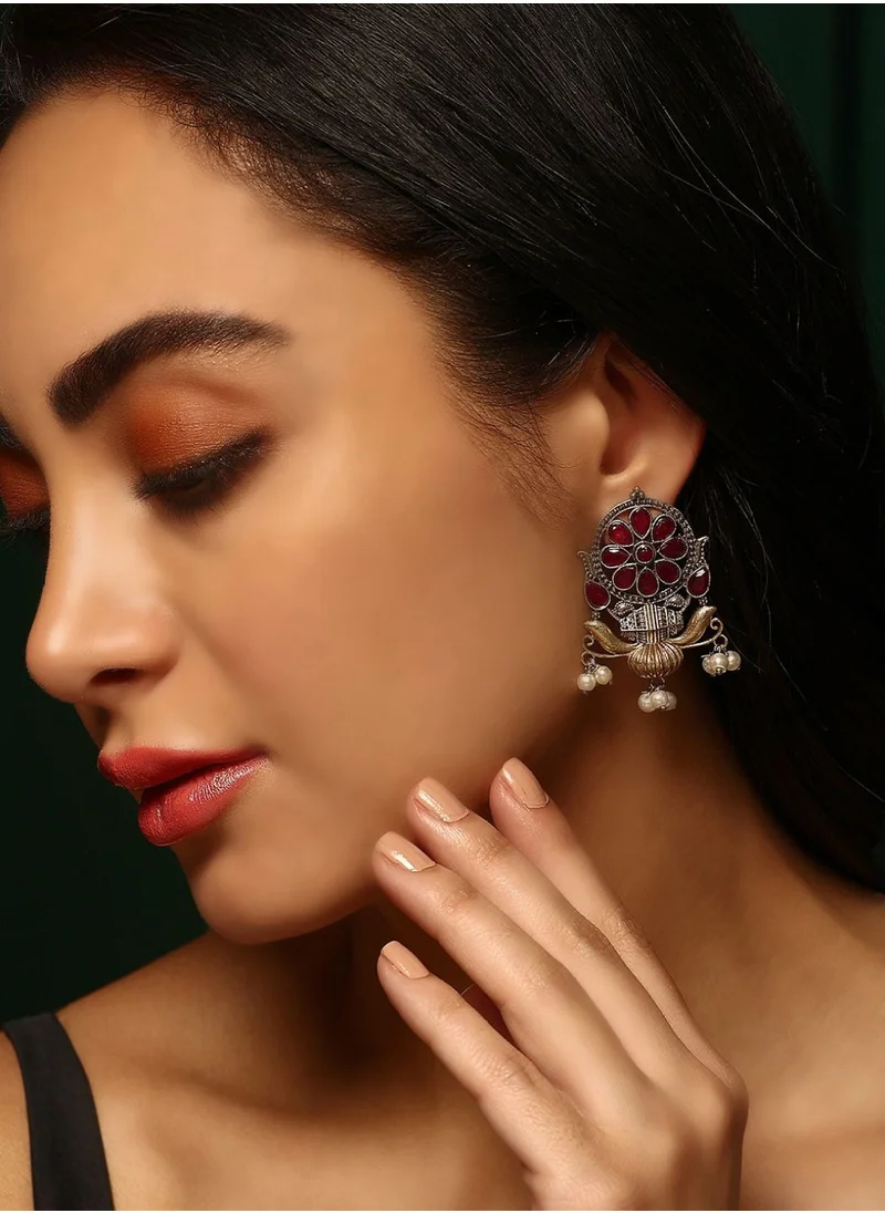 برياسي Faux Ruby Stone Studded  Beaded Oxidized Floral Drop Earrings