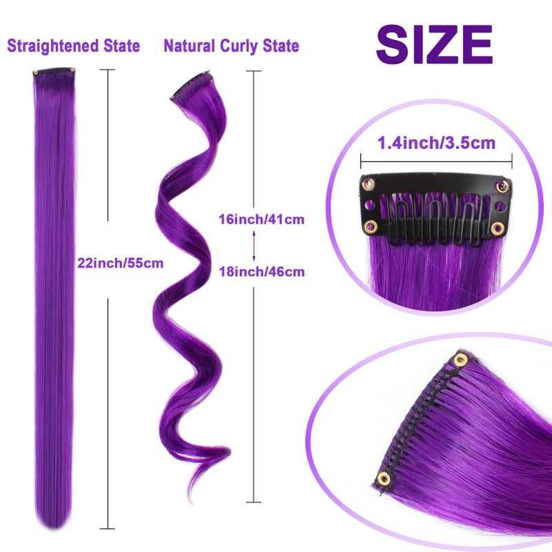 Olldag 10 PCS Purple Hair Extensions, Curly Wavy Synthetic Hairpieces Clip in Rainbow Neon Party Highlights, Colorful Hair Accessories for Kids Girls Women 17 Inch (Dark Purple) - Image 3