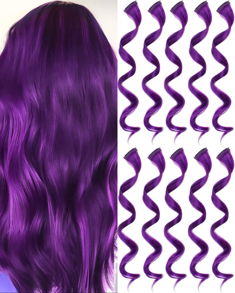 Olldag 10 PCS Purple Hair Extensions, Curly Wavy Synthetic Hairpieces Clip in Rainbow Neon Party Highlights, Colorful Hair Accessories for Kids Girls Women 17 Inch (Dark Purple) - Image 1