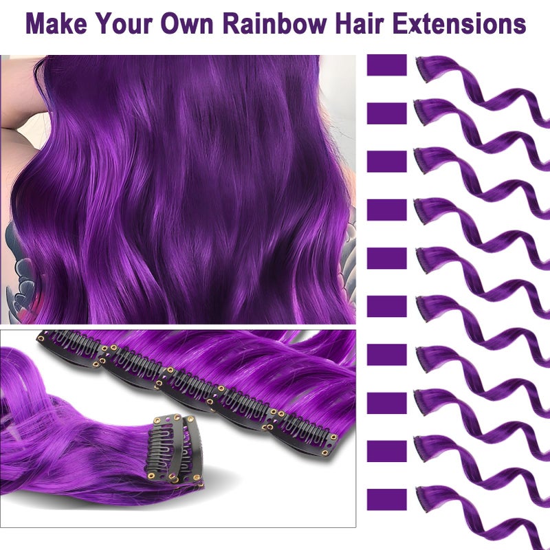 Olldag 10 PCS Purple Hair Extensions, Curly Wavy Synthetic Hairpieces Clip in Rainbow Neon Party Highlights, Colorful Hair Accessories for Kids Girls Women 17 Inch (Dark Purple) - Image 2