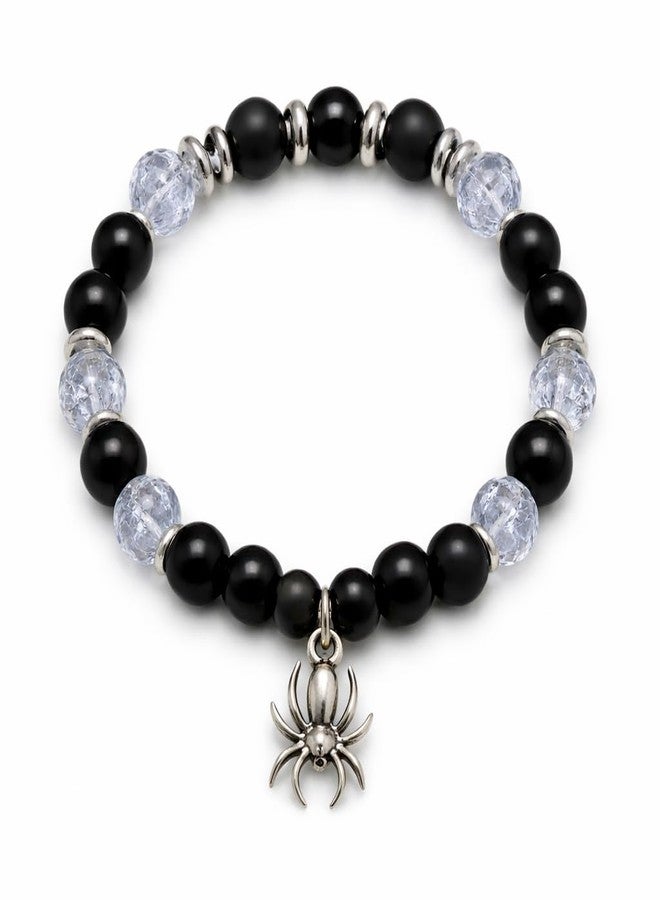 Sukhad Black Beaded Bracelet with Spider Charm for Men & Women | Stretchable Stone Bead Bracelet | Gothic Style Fashion Jewelry | Unisex Wrist Band - Image 2