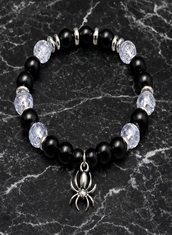 Sukhad Black Beaded Bracelet with Spider Charm for Men & Women | Stretchable Stone Bead Bracelet | Gothic Style Fashion Jewelry | Unisex Wrist Band - Image 3