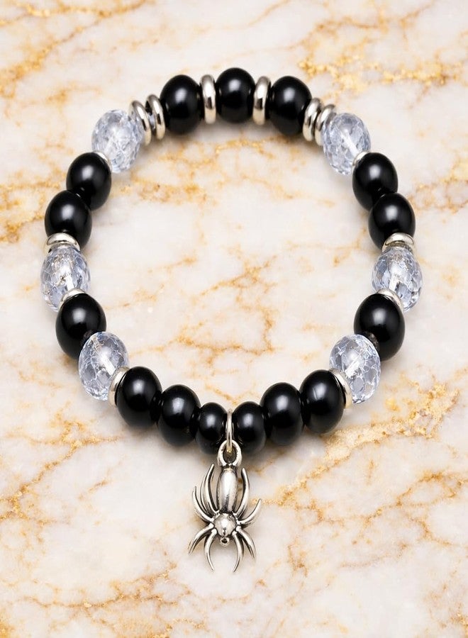 Sukhad Black Beaded Bracelet with Spider Charm for Men & Women | Stretchable Stone Bead Bracelet | Gothic Style Fashion Jewelry | Unisex Wrist Band - Image 4