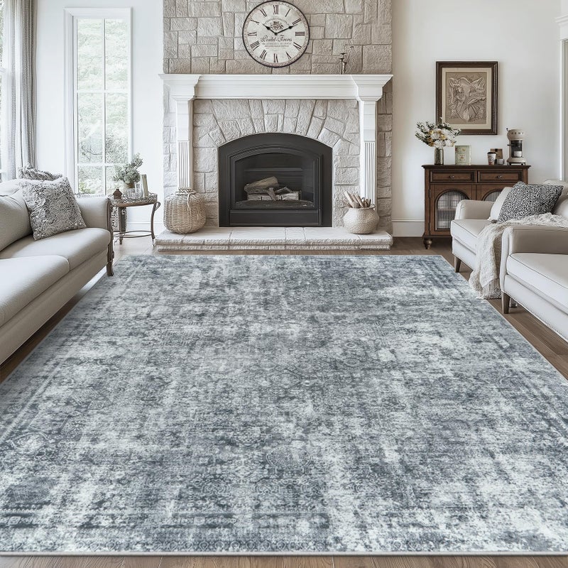 Gent drizz 8x10 Area Rugs Washable Rug: Large Vintage Abstract Living Room Rug Soft Anti-Skid Thin Carpet Indoor Floor Stain Resistant Carpets for Bedroom Dining Farmhouse Nursery Home Office Black Grey - Image 1
