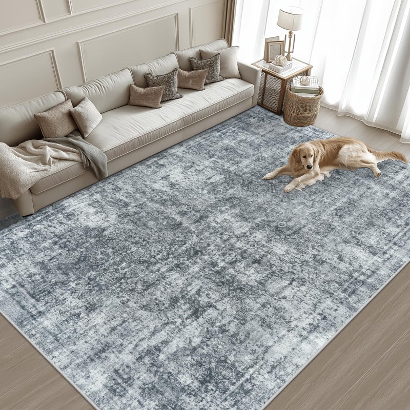 Gent drizz 8x10 Area Rugs Washable Rug: Large Vintage Abstract Living Room Rug Soft Anti-Skid Thin Carpet Indoor Floor Stain Resistant Carpets for Bedroom Dining Farmhouse Nursery Home Office Black Grey - Image 2