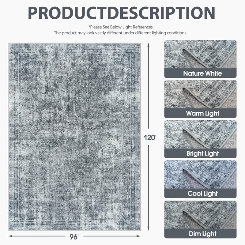 Gent drizz 8x10 Area Rugs Washable Rug: Large Vintage Abstract Living Room Rug Soft Anti-Skid Thin Carpet Indoor Floor Stain Resistant Carpets for Bedroom Dining Farmhouse Nursery Home Office Black Grey - Image 5